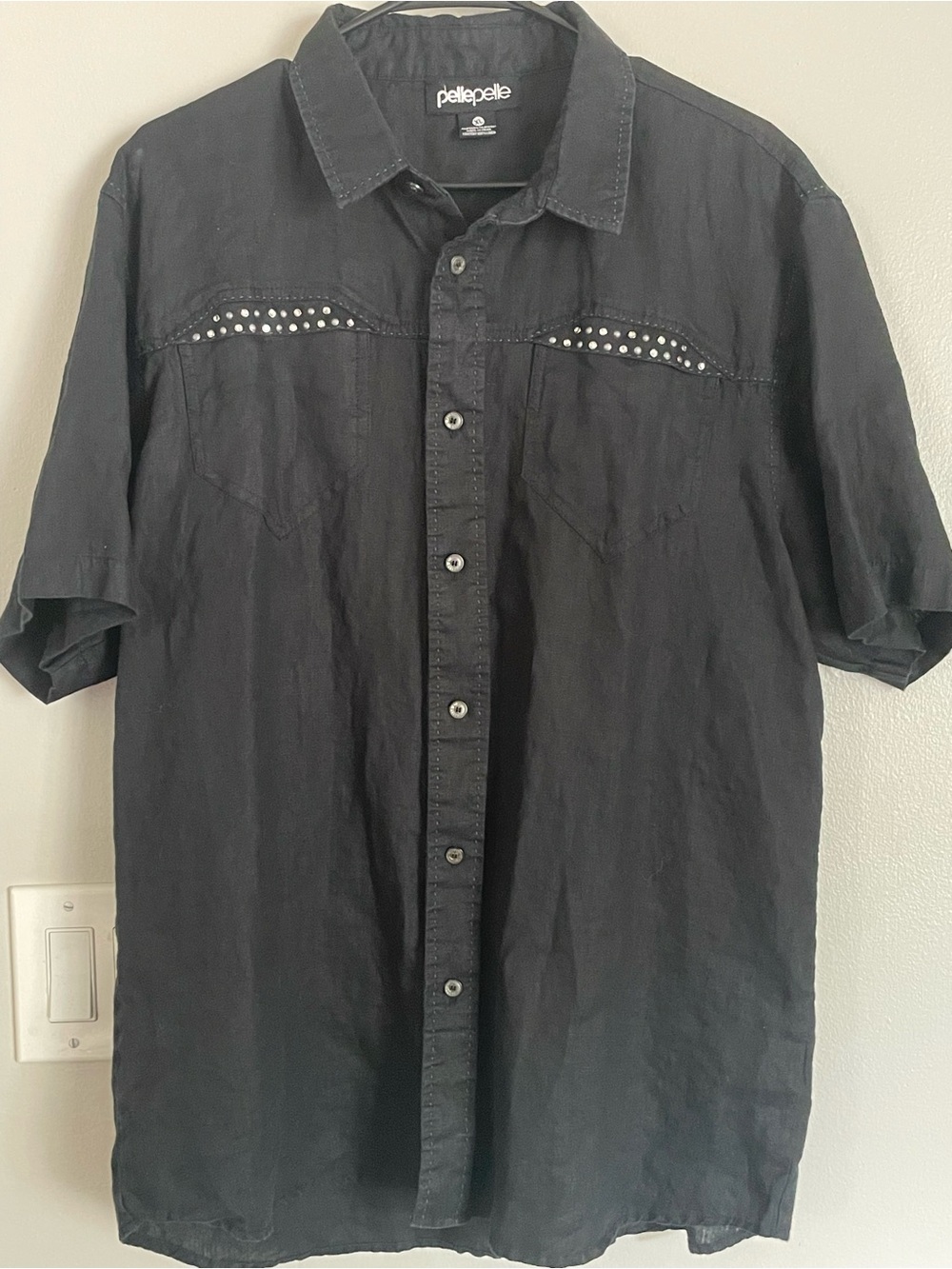 Pelle Pelle Marc Buchanan 100% Linen Black Studded Button-Down Shirt Sz XL